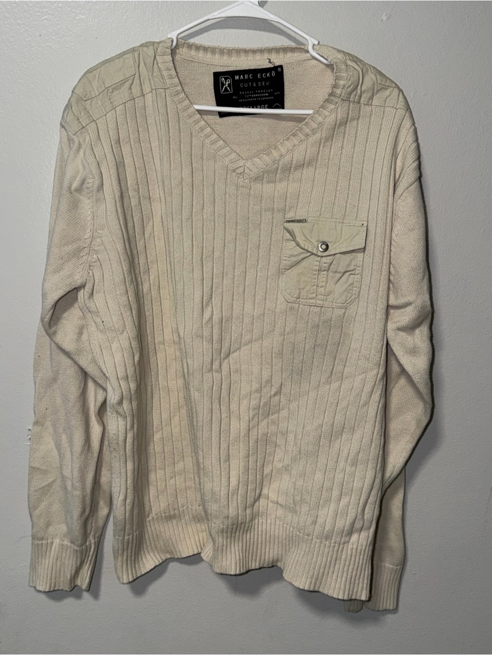 Marc Ecko Ivory Ribbed V-Neck Sweater with Flap Pocket